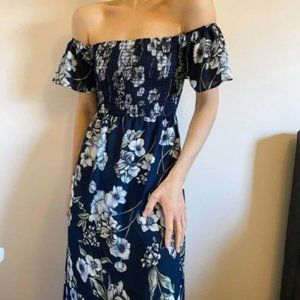 Off Shoulder Prairie Navy Blue Floral Maxi Dress